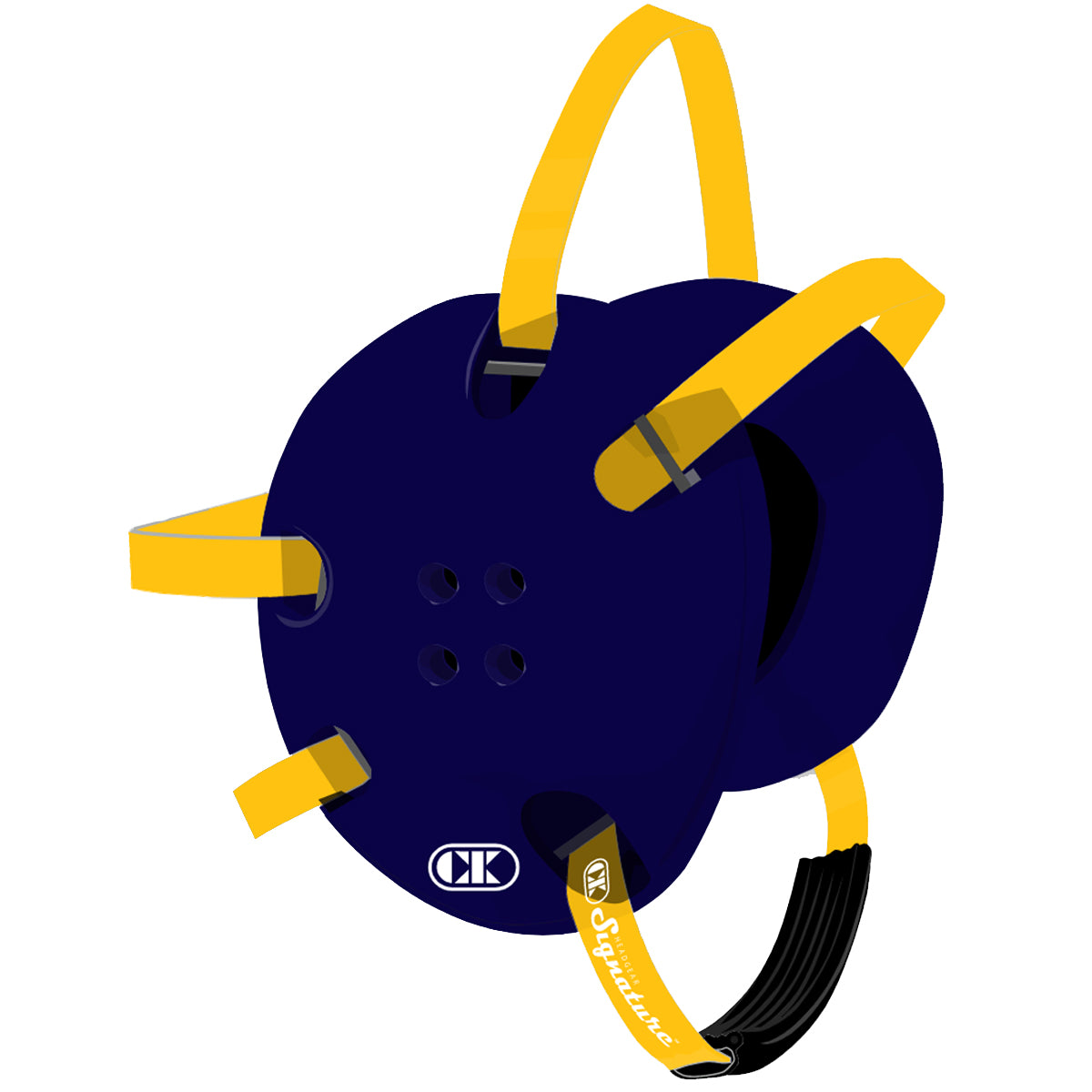 Blue helmet with yellow straps on a white background