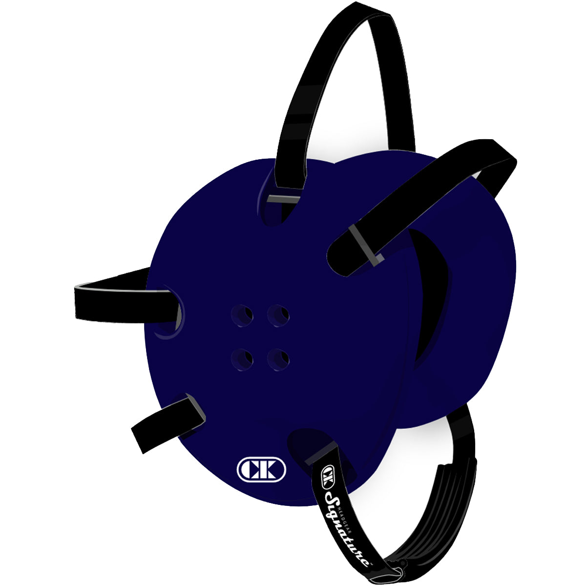 Blue protective helmet with black straps on a white background