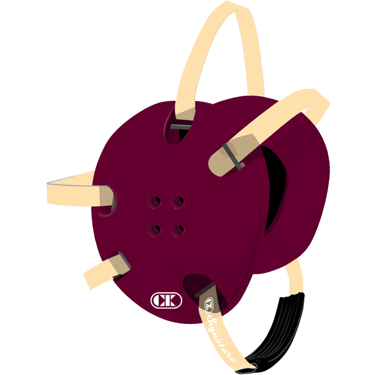 Maroon archery bow sight with beige and black components on a white background
