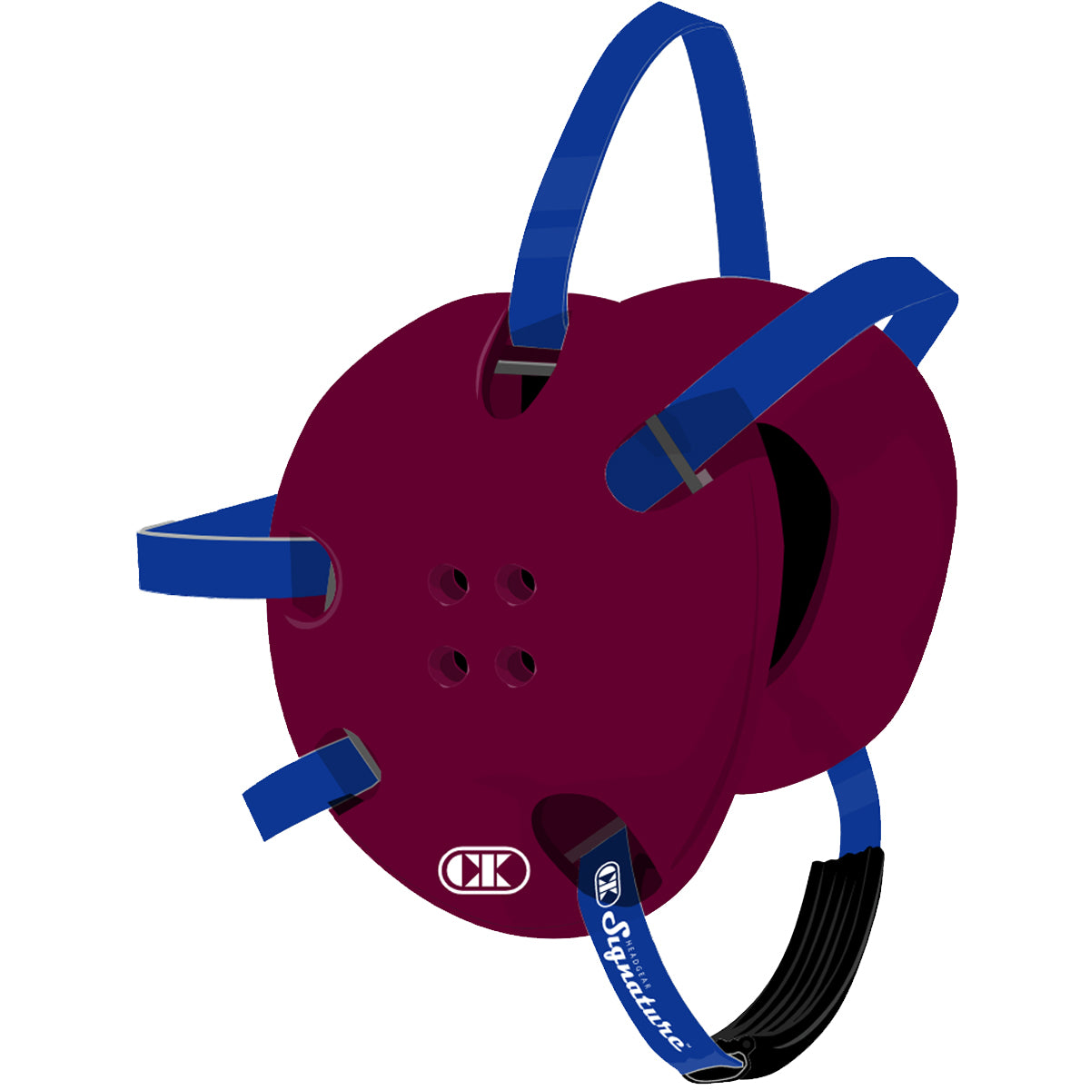 Maroon protective gear with blue straps on a white background
