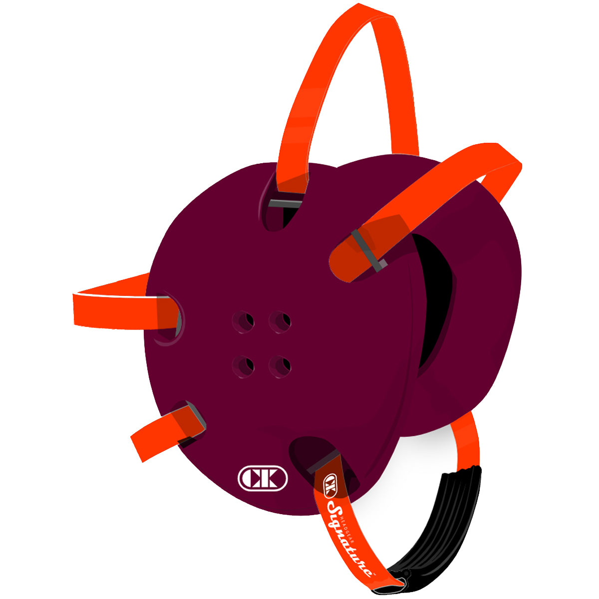 Purple protective gear with orange straps on a white background