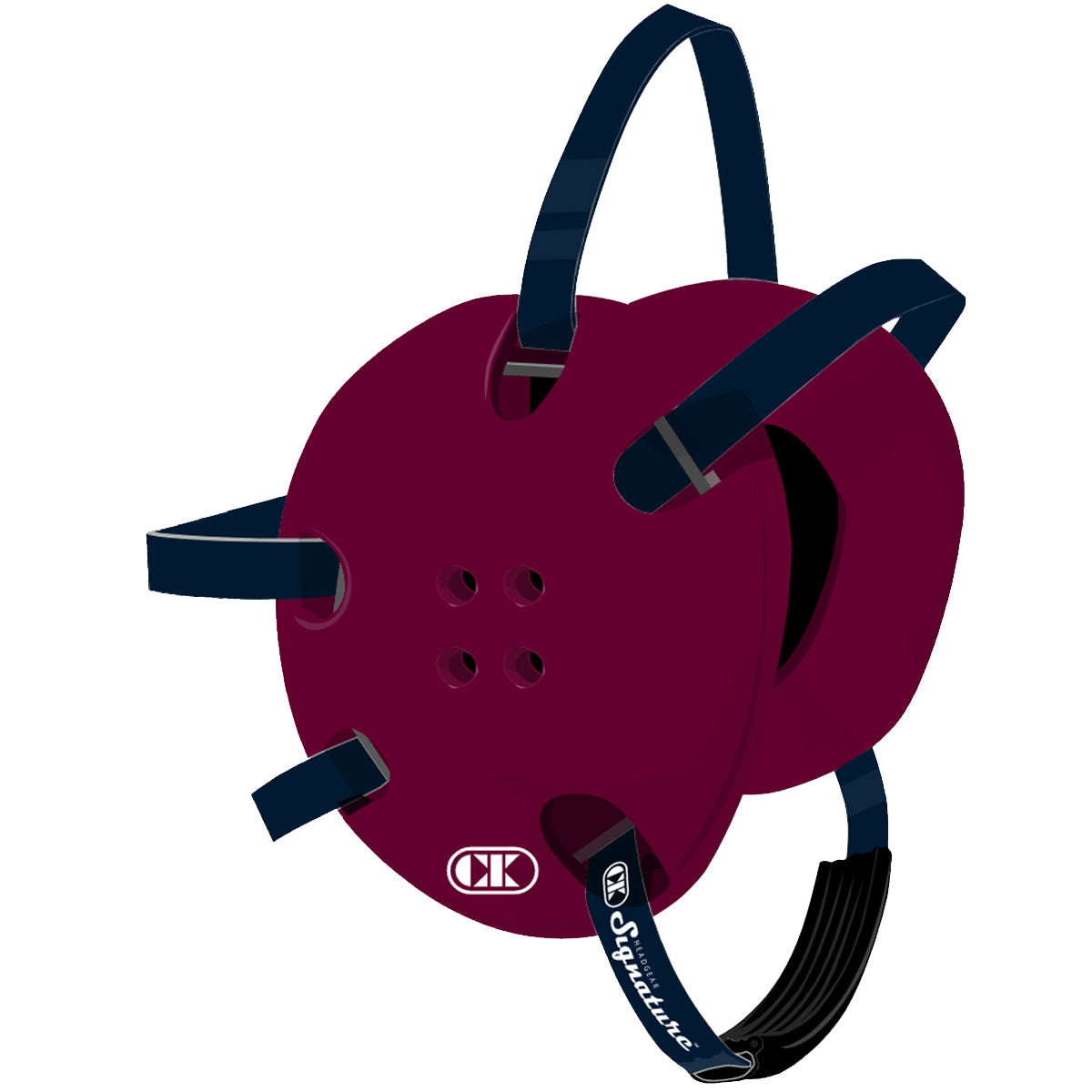 Maroon helmet with blue straps on a white background