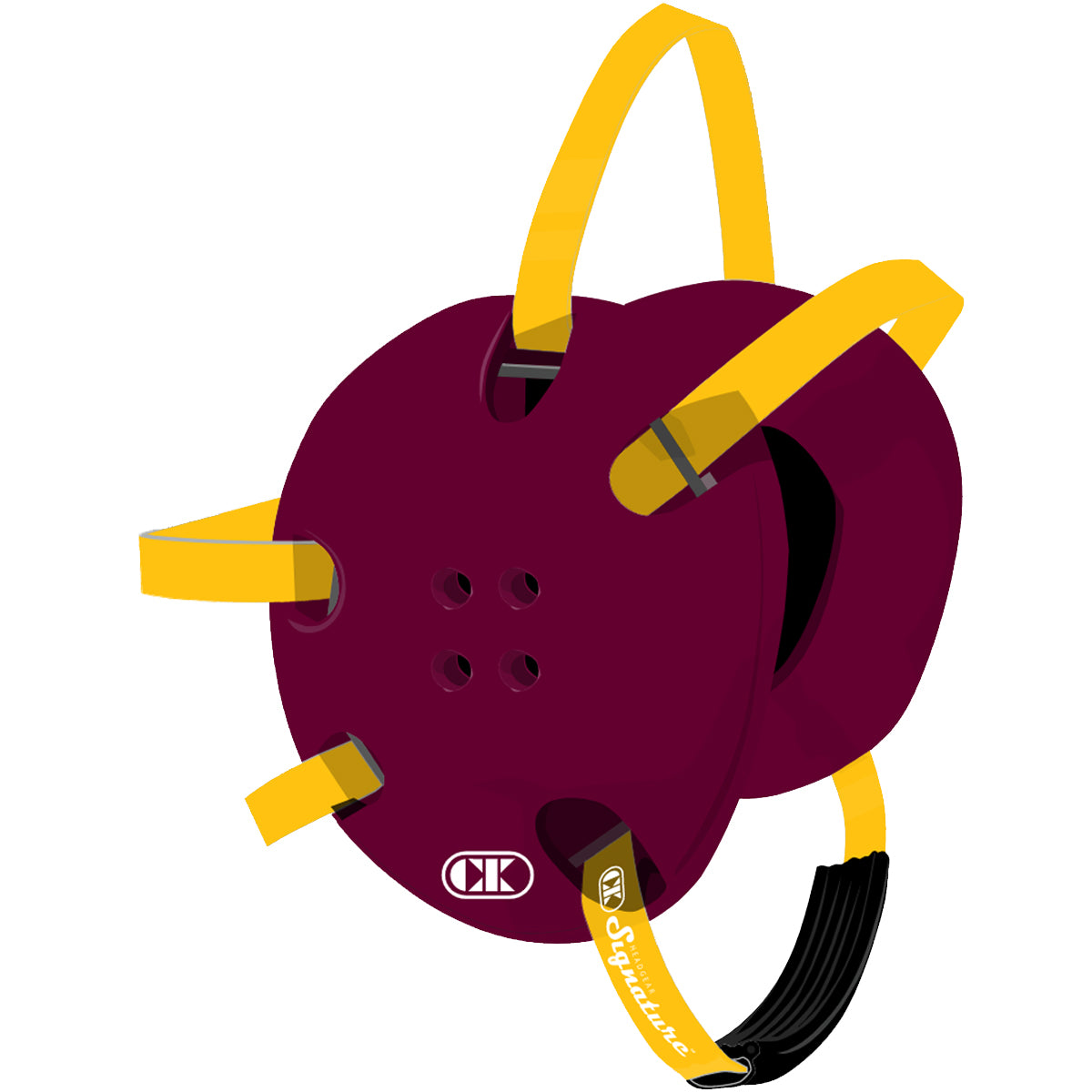 Purple helmet with yellow straps on a white background