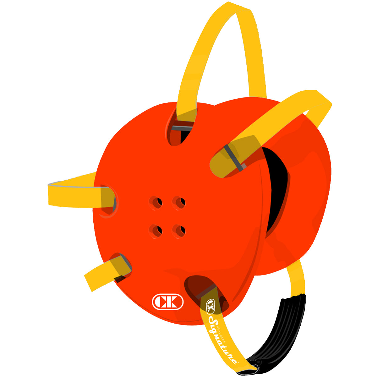 Red climbing harness with yellow straps on a white background