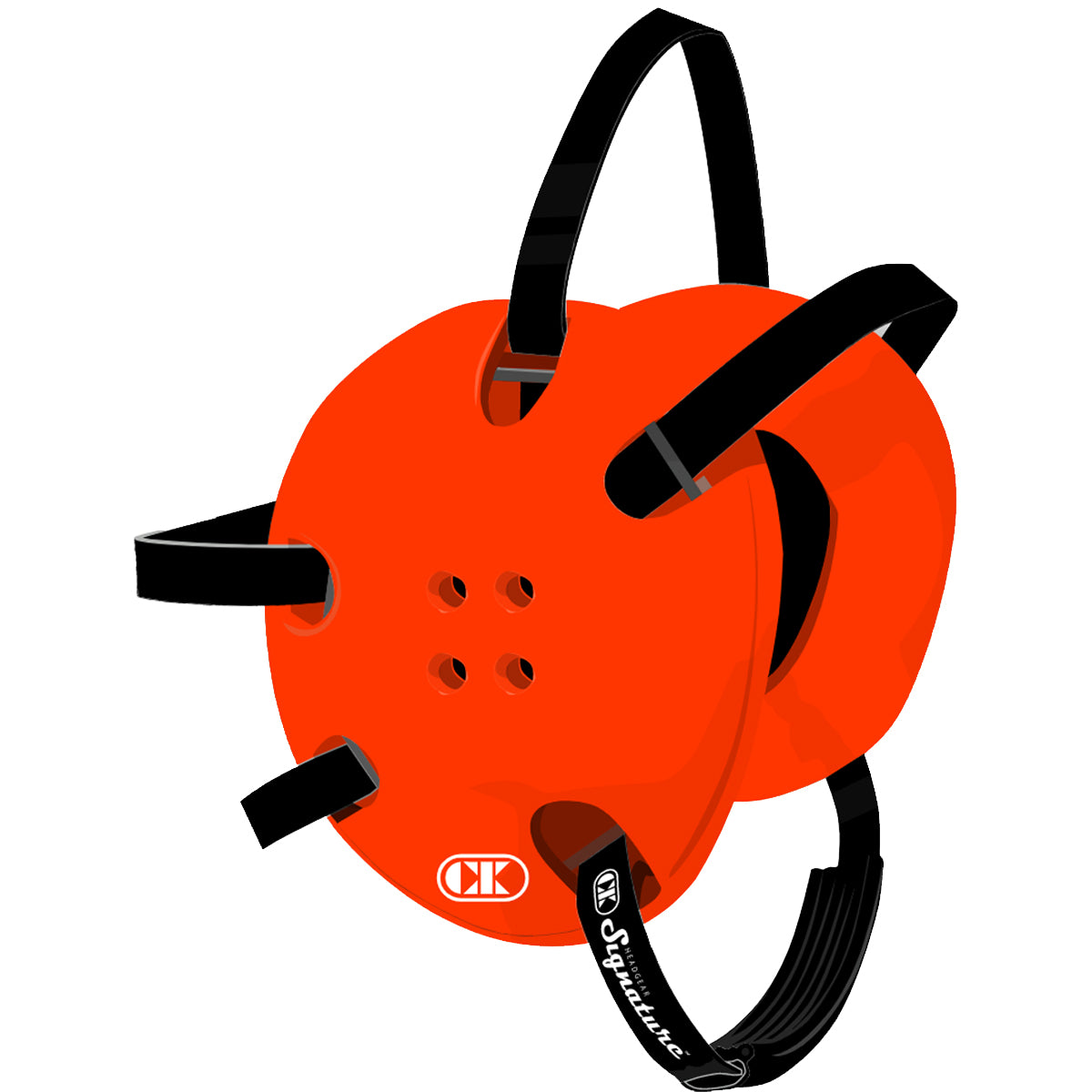 Orange helmet with black straps on a white background