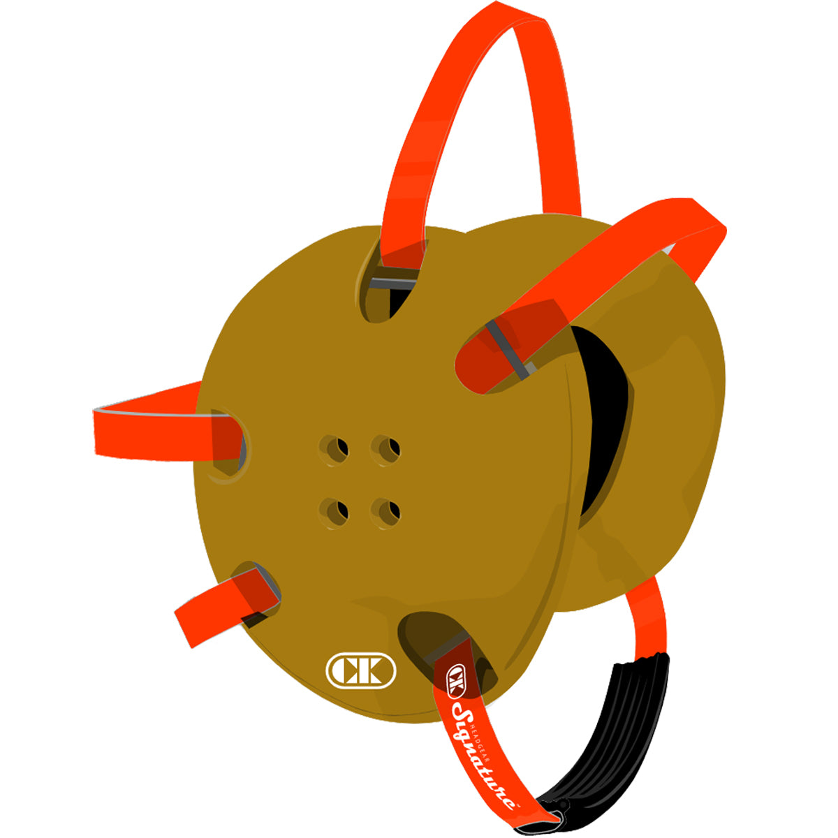 Brown climbing harness with orange straps on a white background