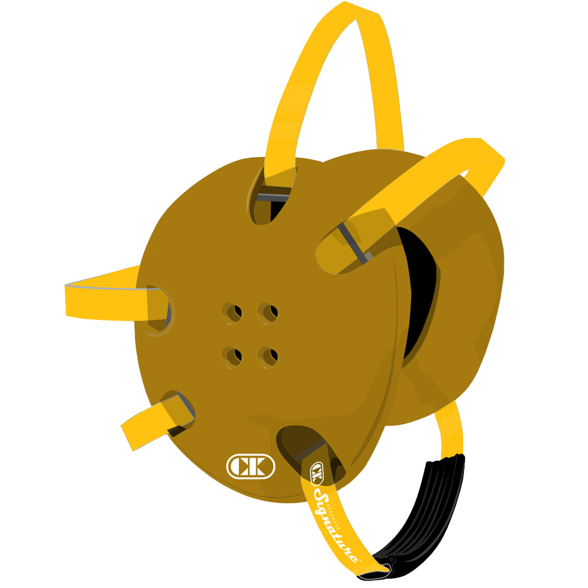 Yellow and brown reel with black strap on a white background