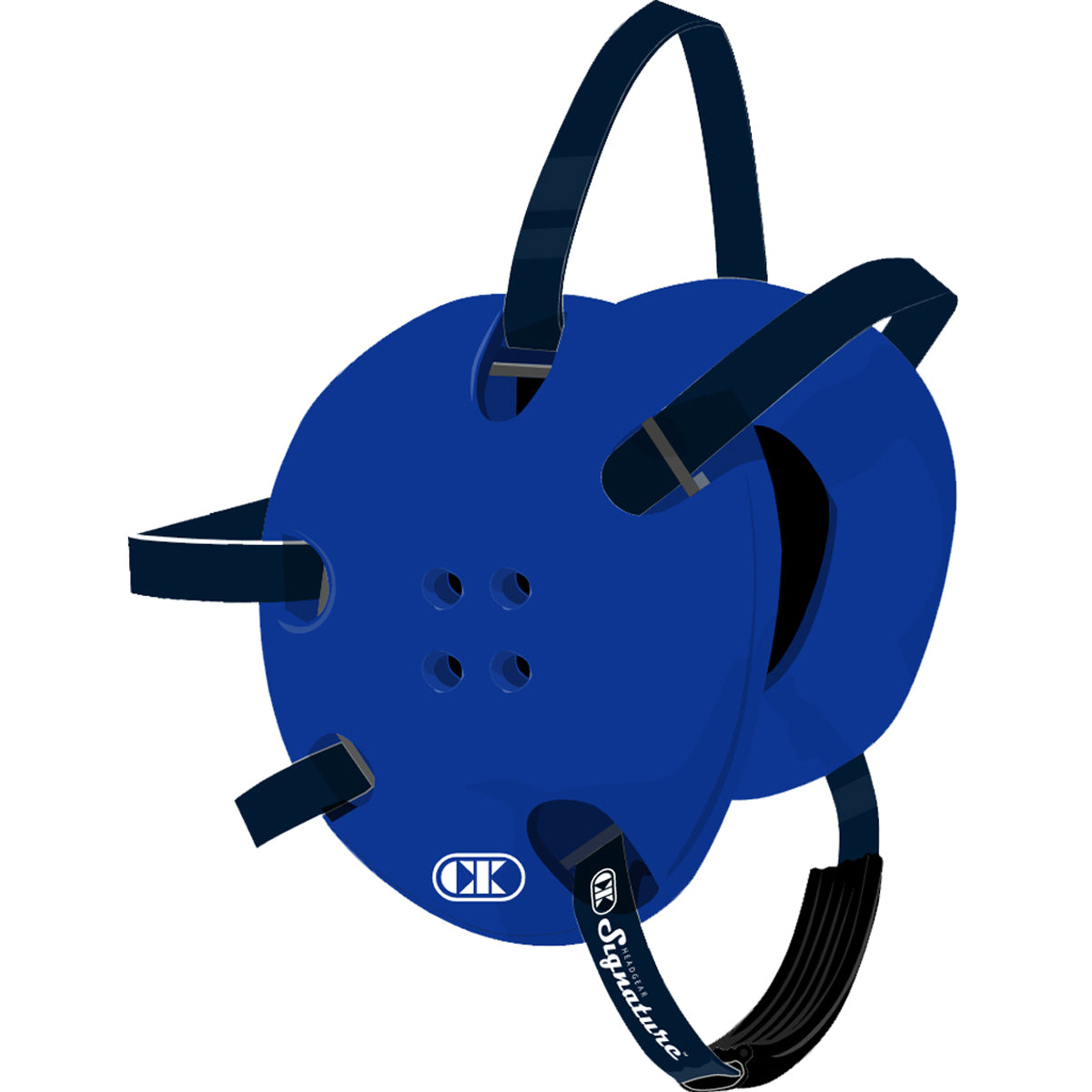 Blue protective gear with black straps on a white background
