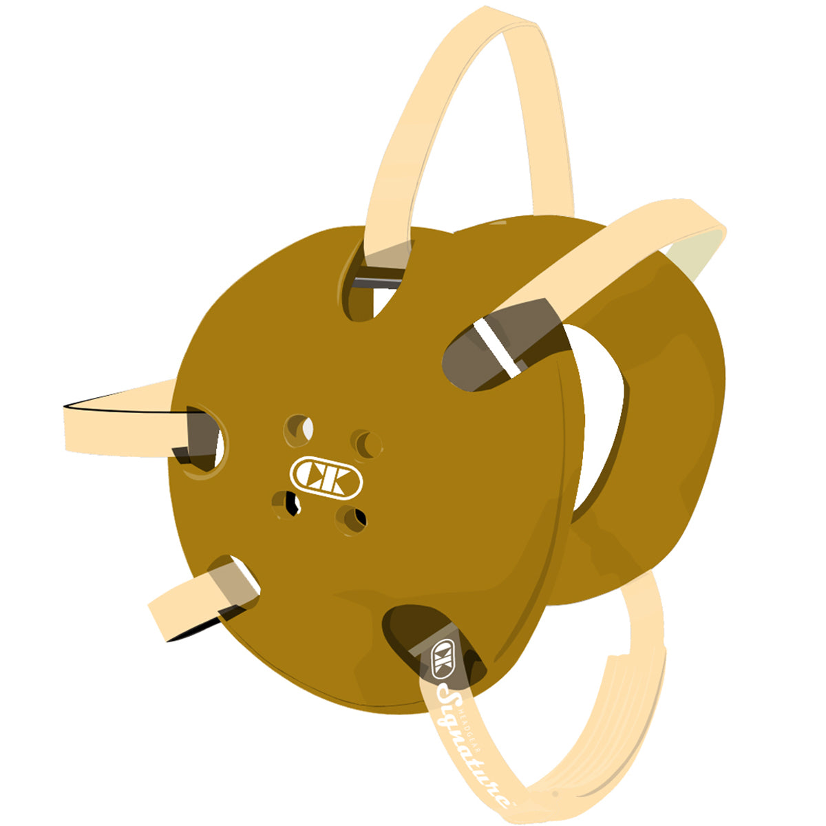 Brown climbing belay device with beige straps on a white background