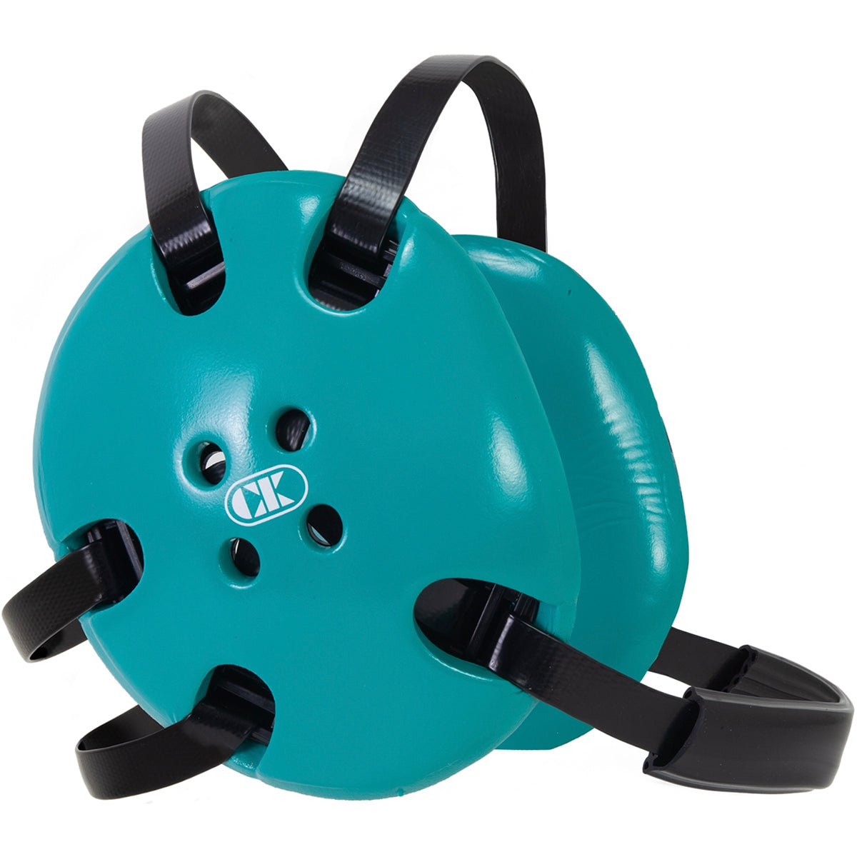 Teal protective gear with black straps on a white background