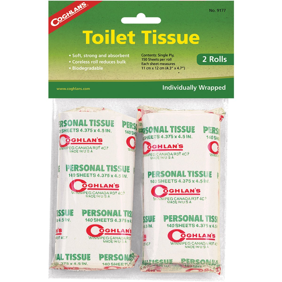 Coghlan's Toilet Tissue (2 Rolls), Coreless Biodegradable Paper, Camping TP - Forza Sports