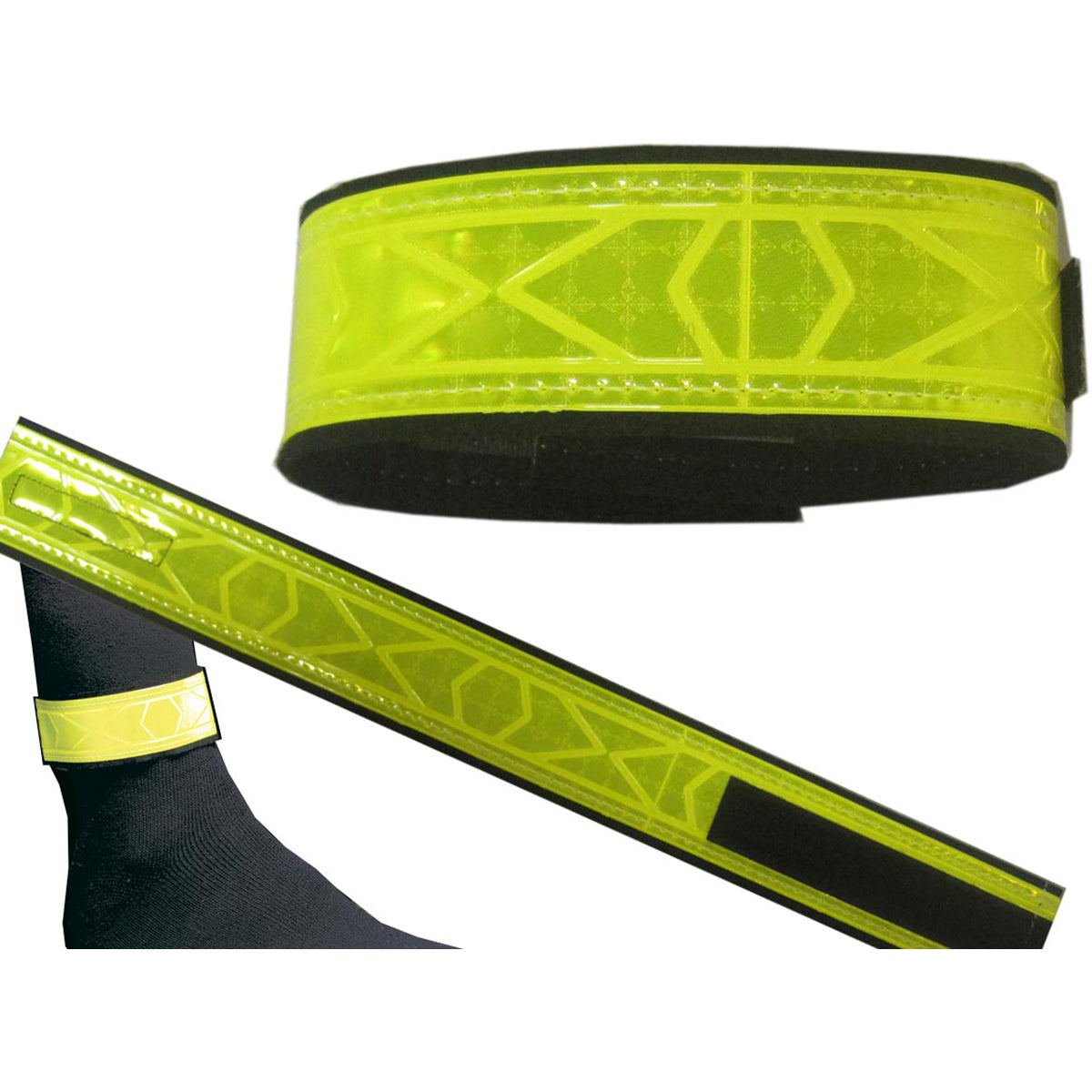 Reflective leg band with geometric pattern on a white background