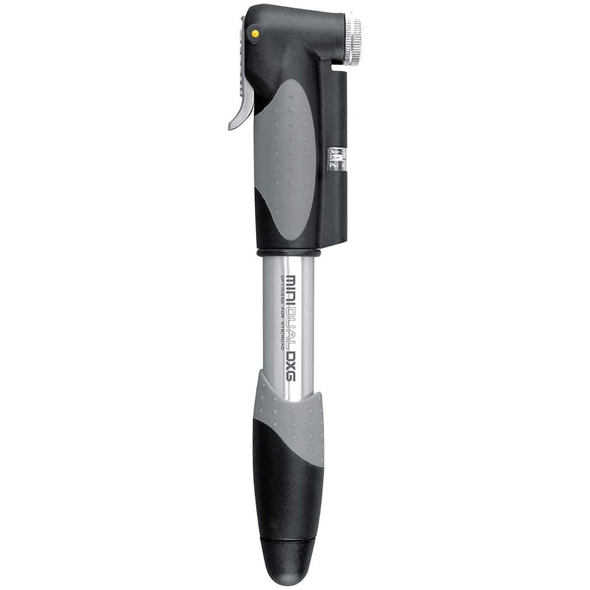 Black and gray bicycle pump on a white background