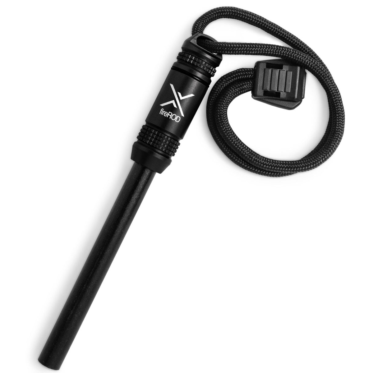 Black fire starter with lanyard on a white background