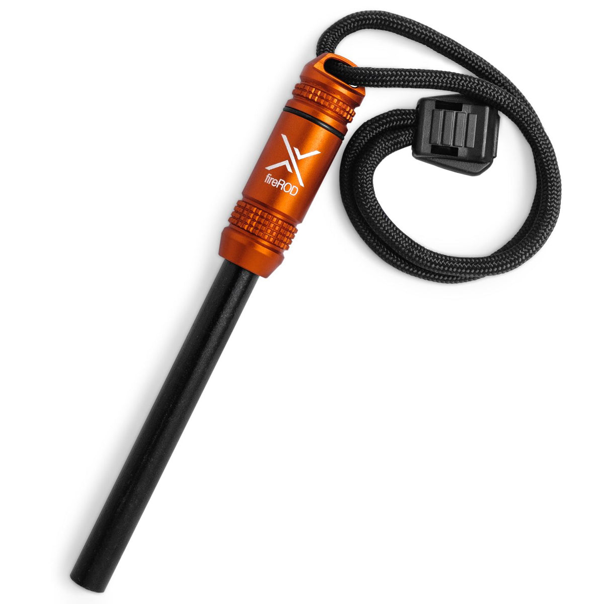 Fire starter with orange handle and black cord on a white background