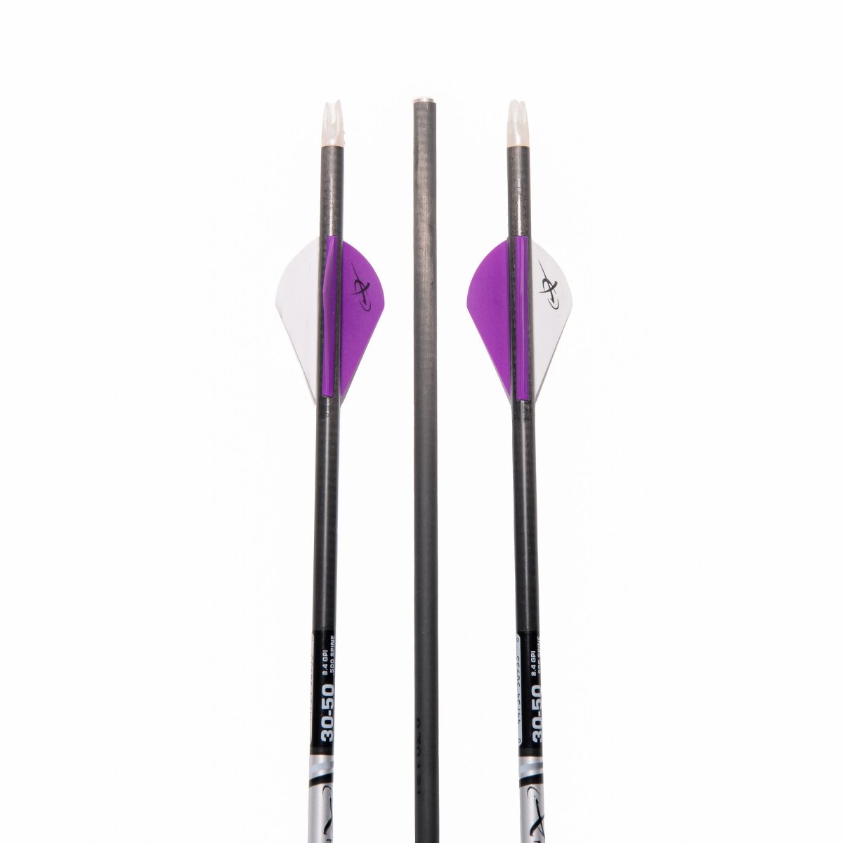 Two hot persuit arrows with purple and white vanes on a white background