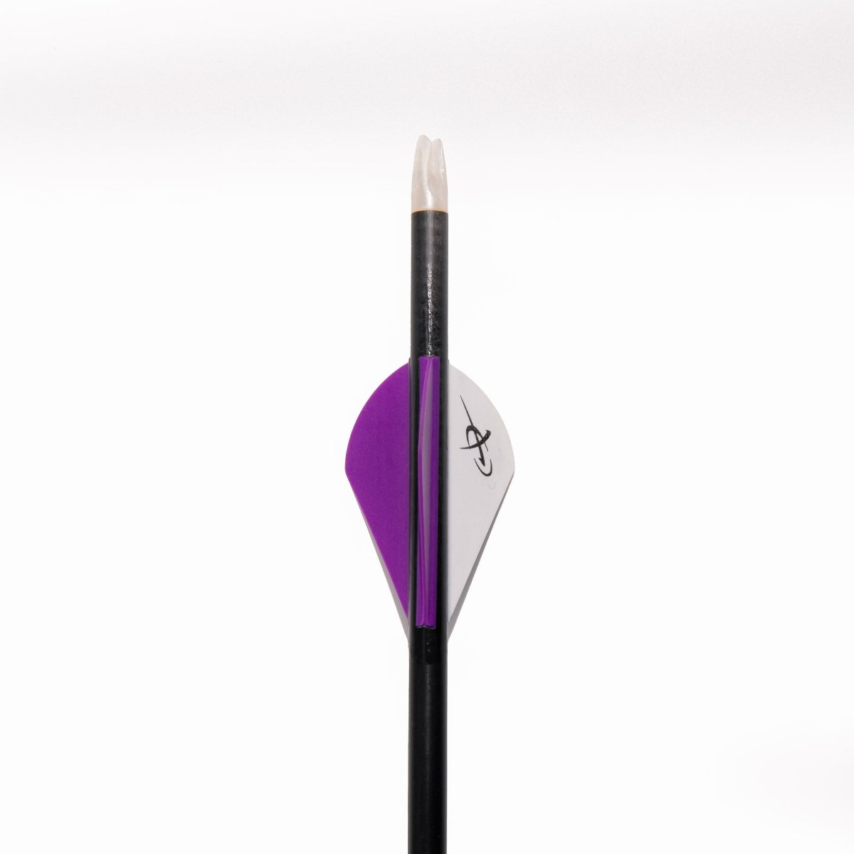 Black archery persuit arrow with a purple and white vanes on a white background