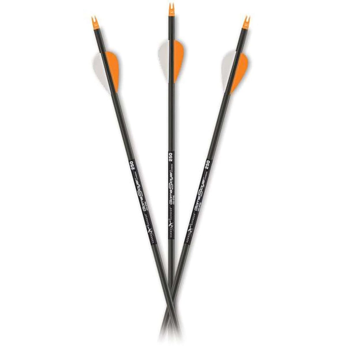 Three black archery glued arrows with orange nocks on a white background