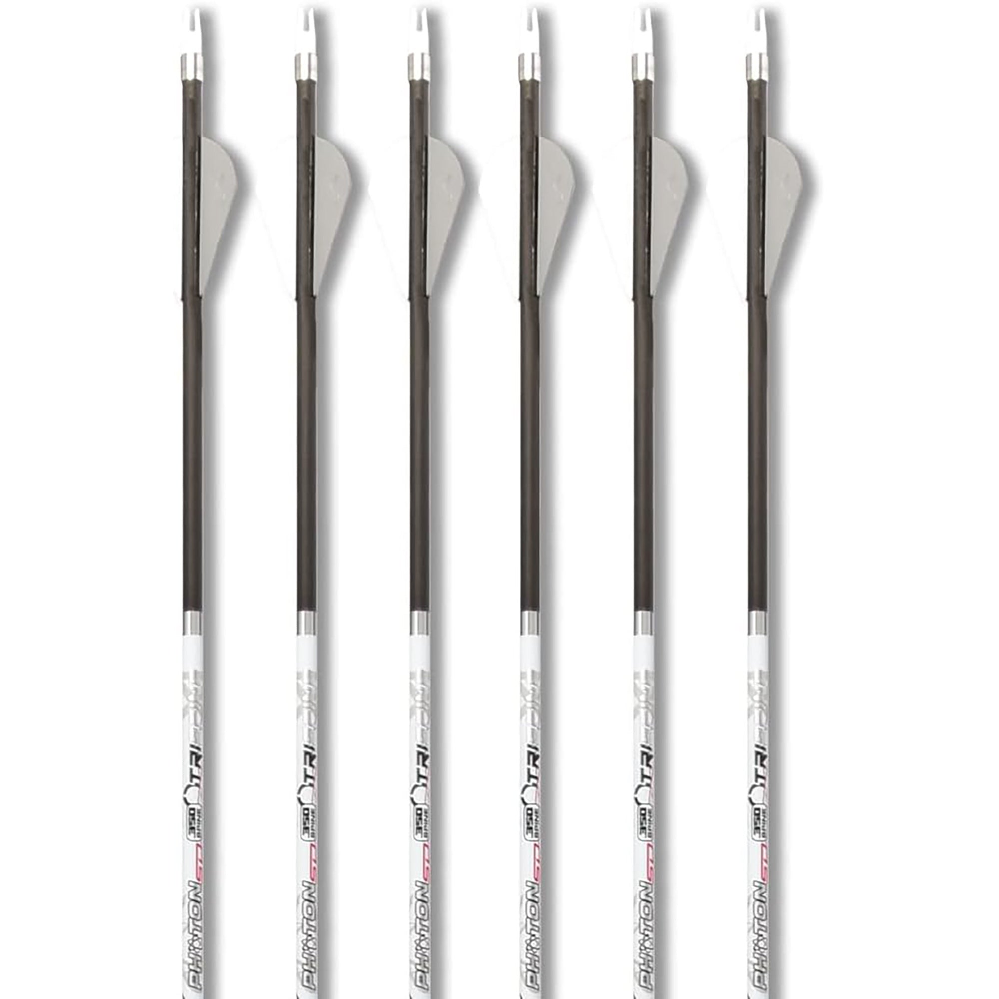 Set of six photon maxima diameter arrows with black and silver design on a white background