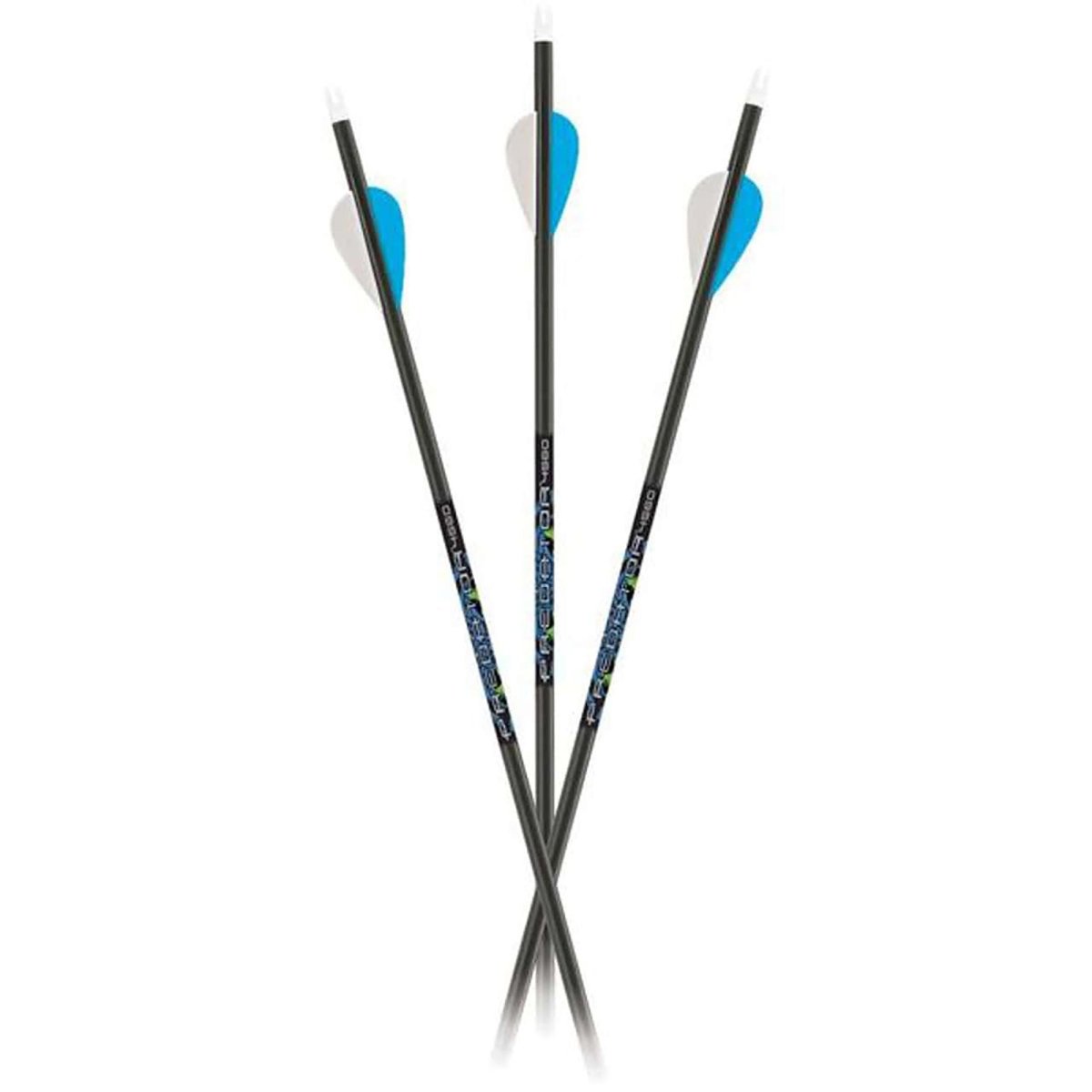 Three black predator shafts with blue and white fletchings on a white background