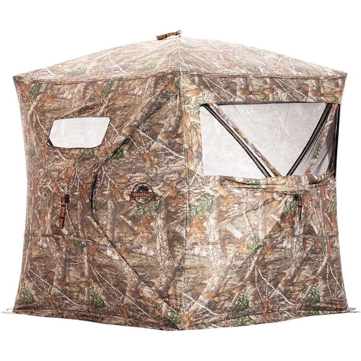 Camouflage hunting see through blind with clear panels on a white background