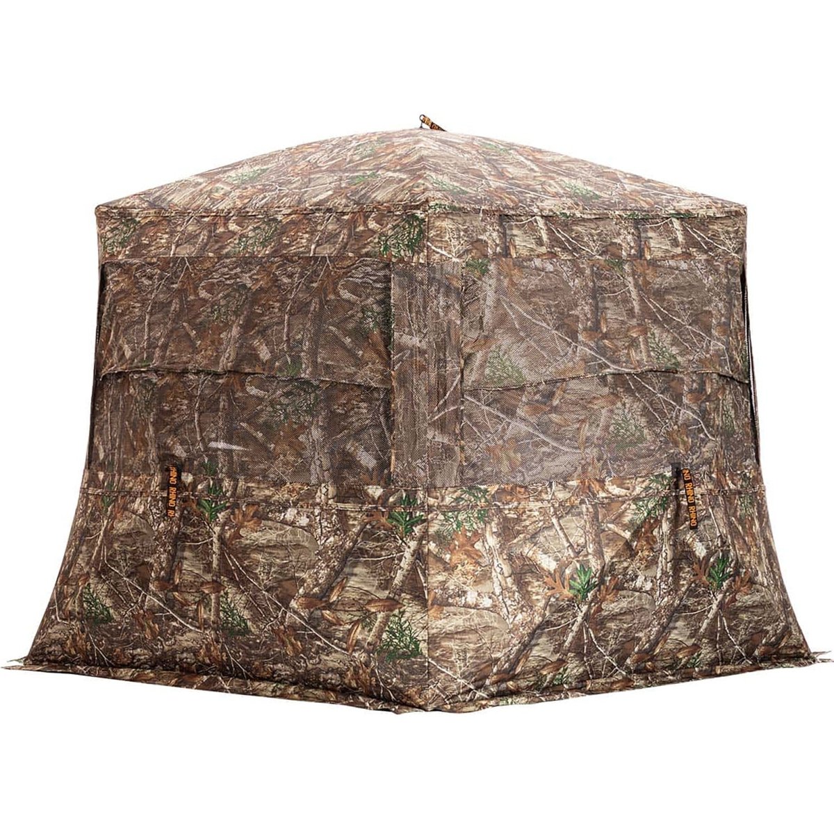 Camouflage hunting low hub blind on a white background