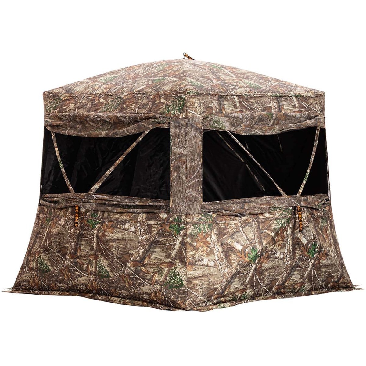 Camouflage hunting low hub blind on a white background