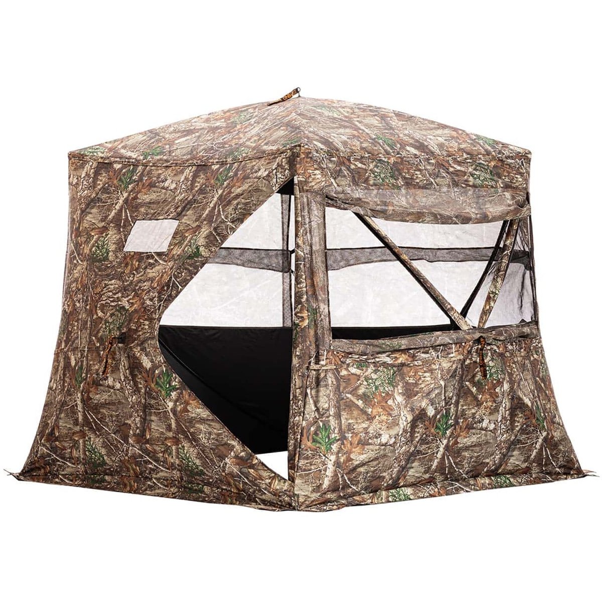 Camouflage hunting low hub blind tent on a white background