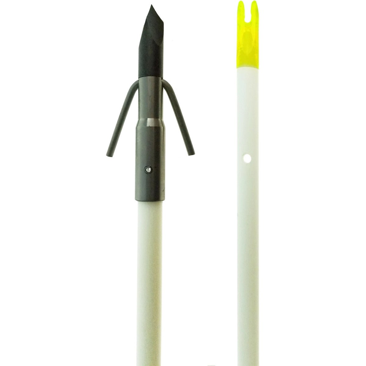 Archery class white fish arrow with a black nock and yellow fletching on a white background