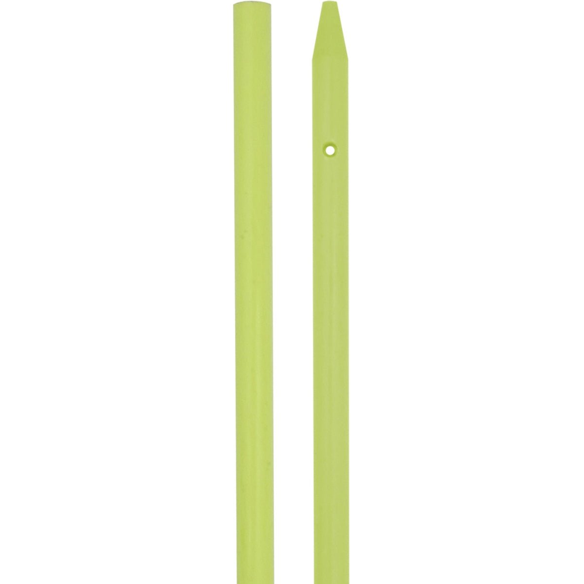 Two green chartreuse fiberglass shaft tent stakes on a white background