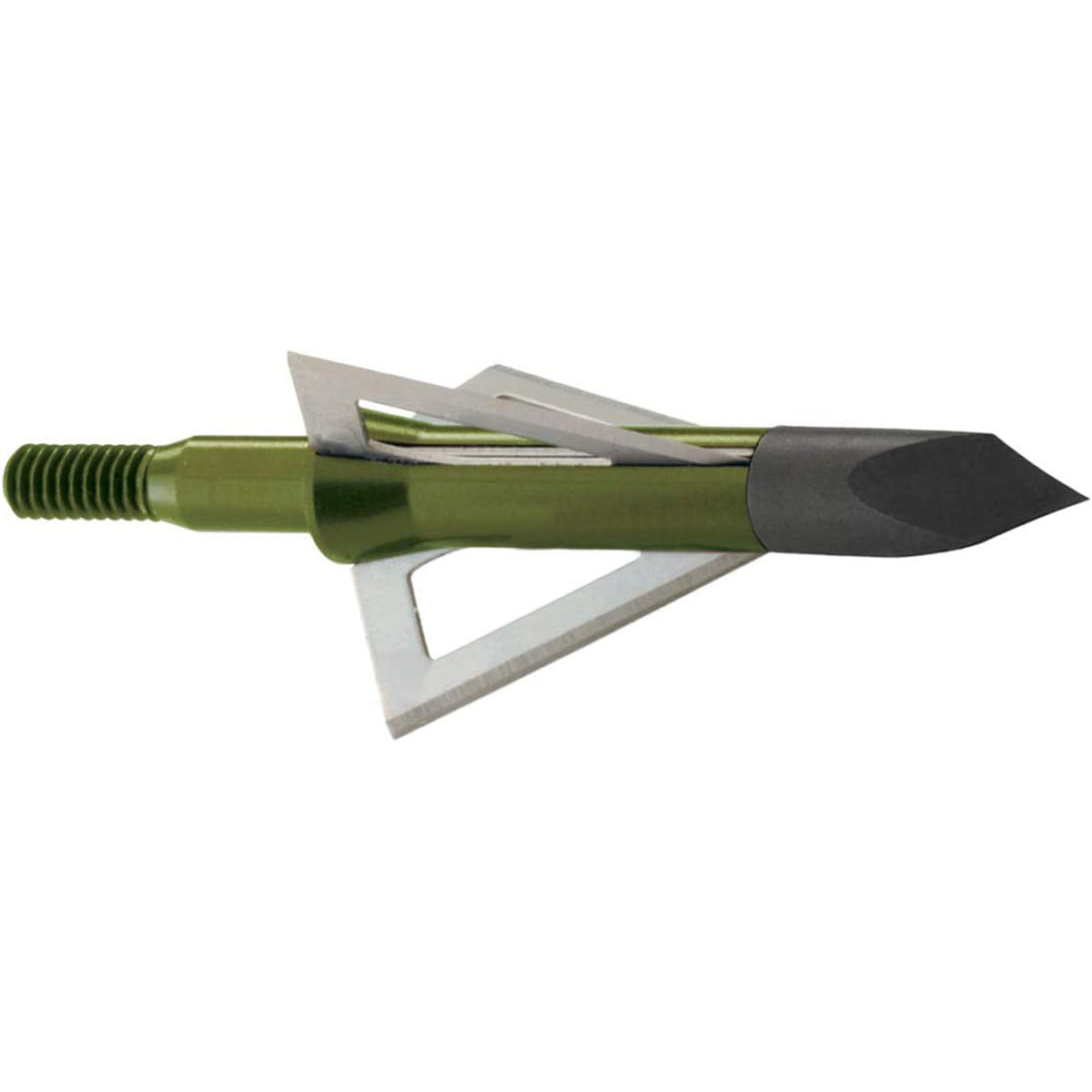 Green and silver crossbow bolt on a white background