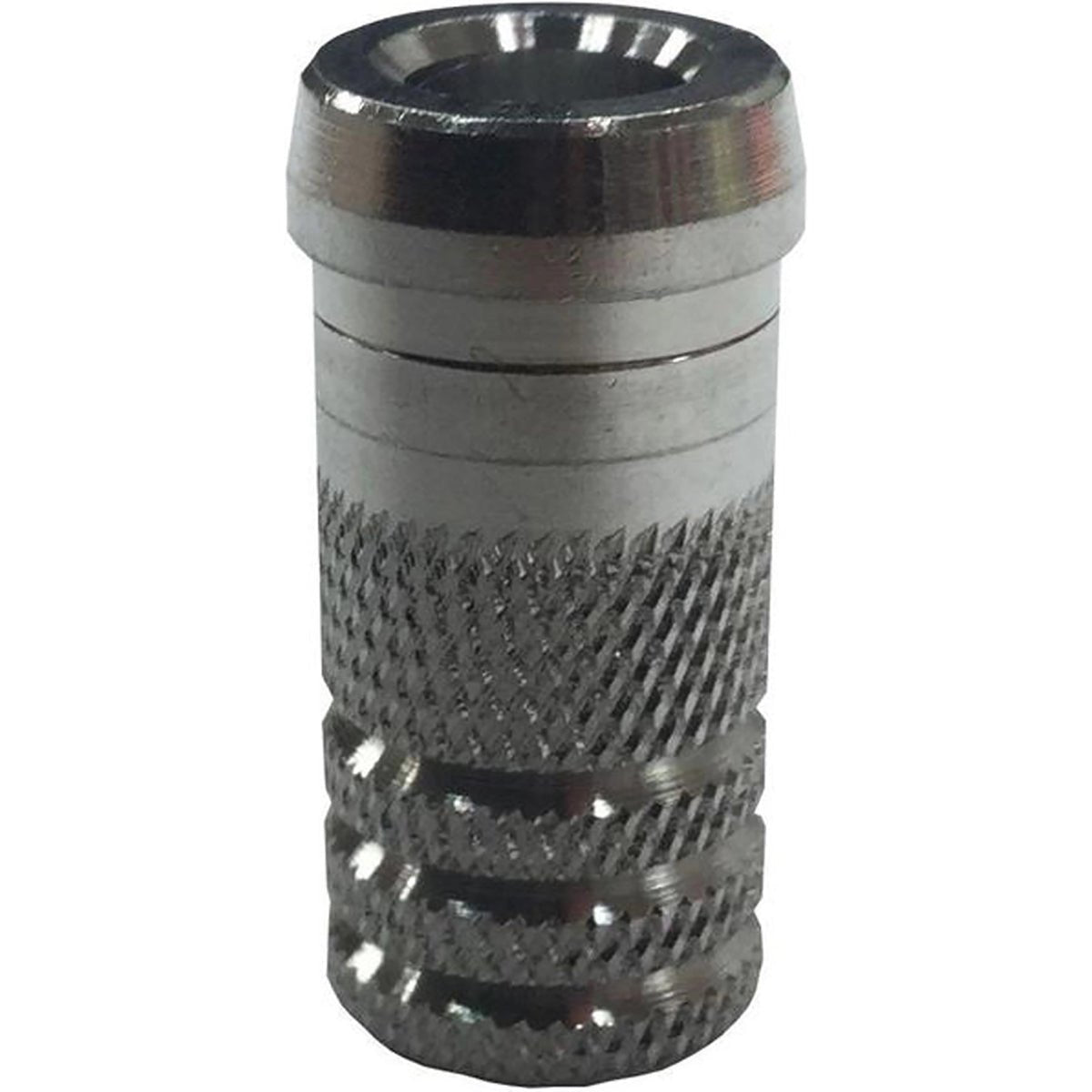 Metallic cylindrical line jammer pro screw with textured design on a white background