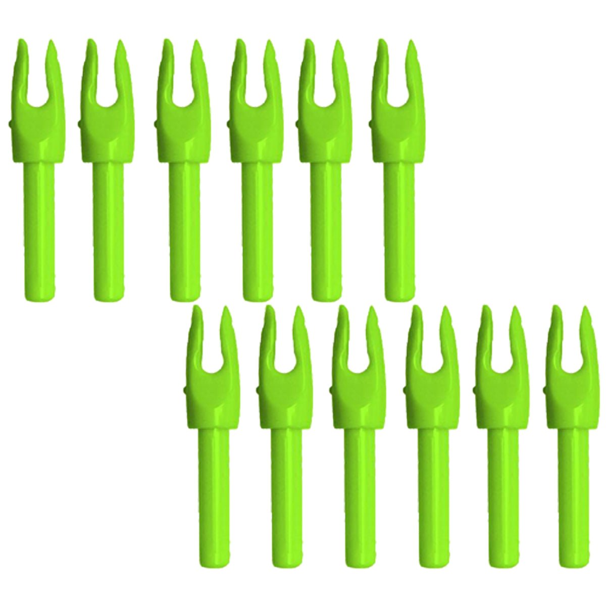 Fourteen green garden launchpad precision nocks are neatly arranged on a white background.