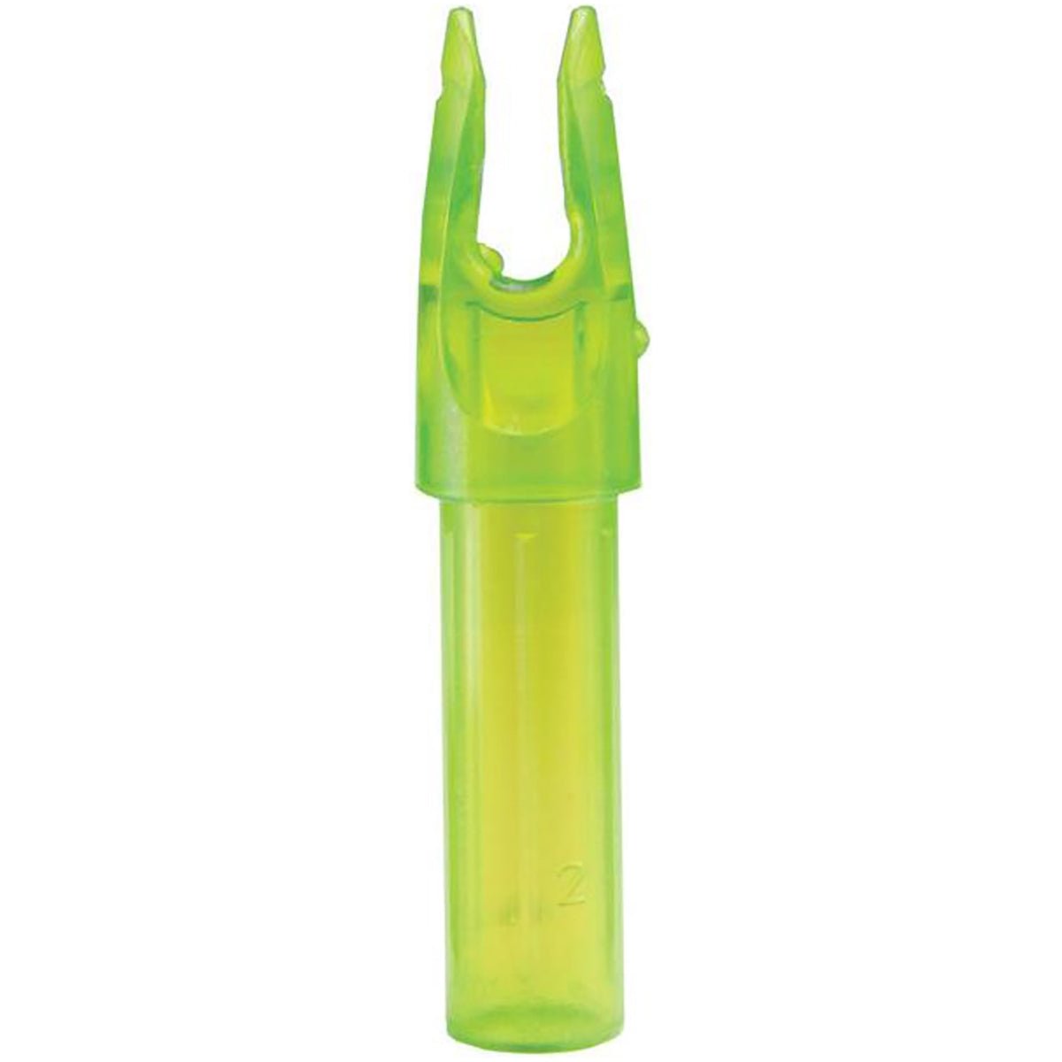Green plastic launchpad precision nock with a cylindrical body and pronged top on a white background
