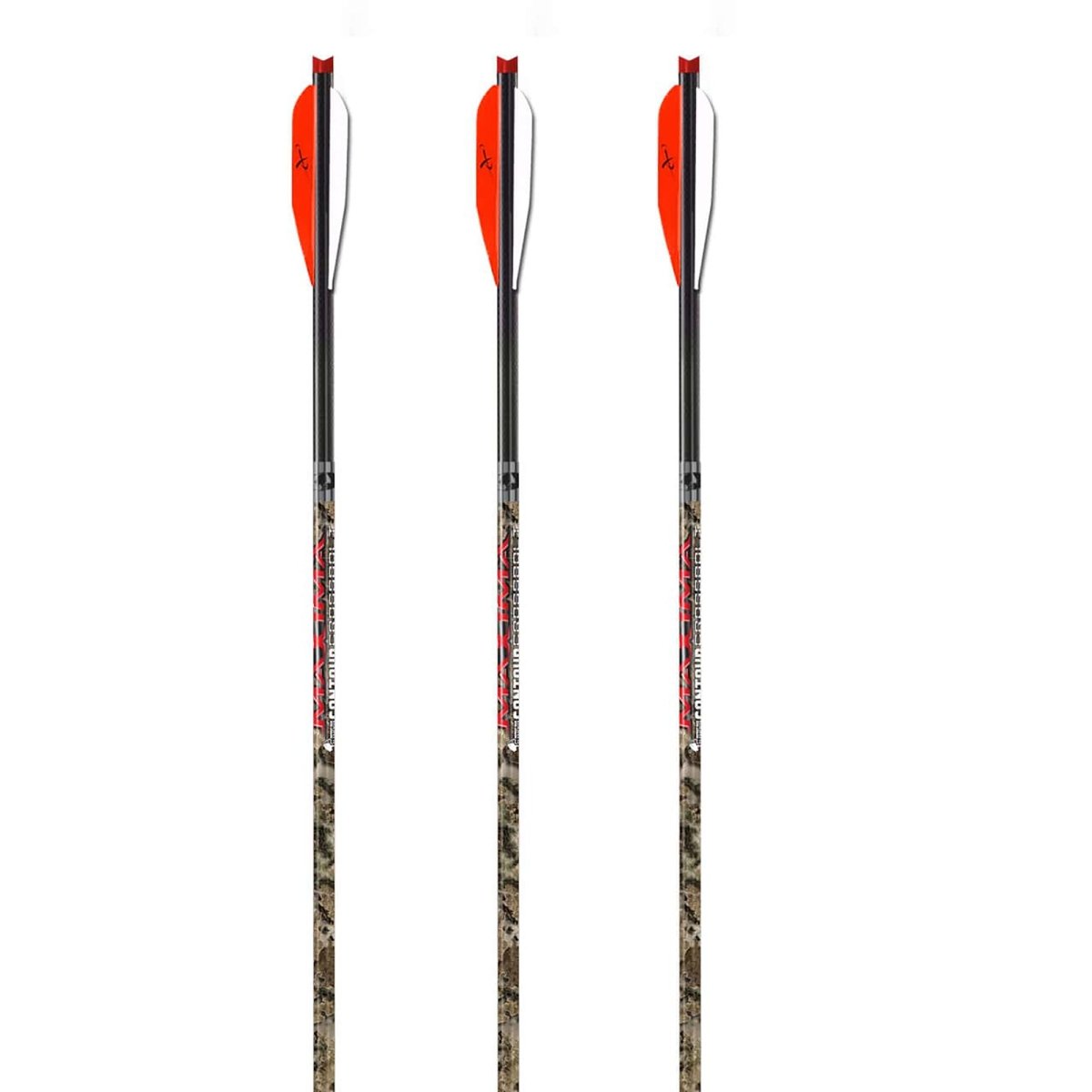 Three crossbow bolts with camouflage patterns and red nocks on a white background
