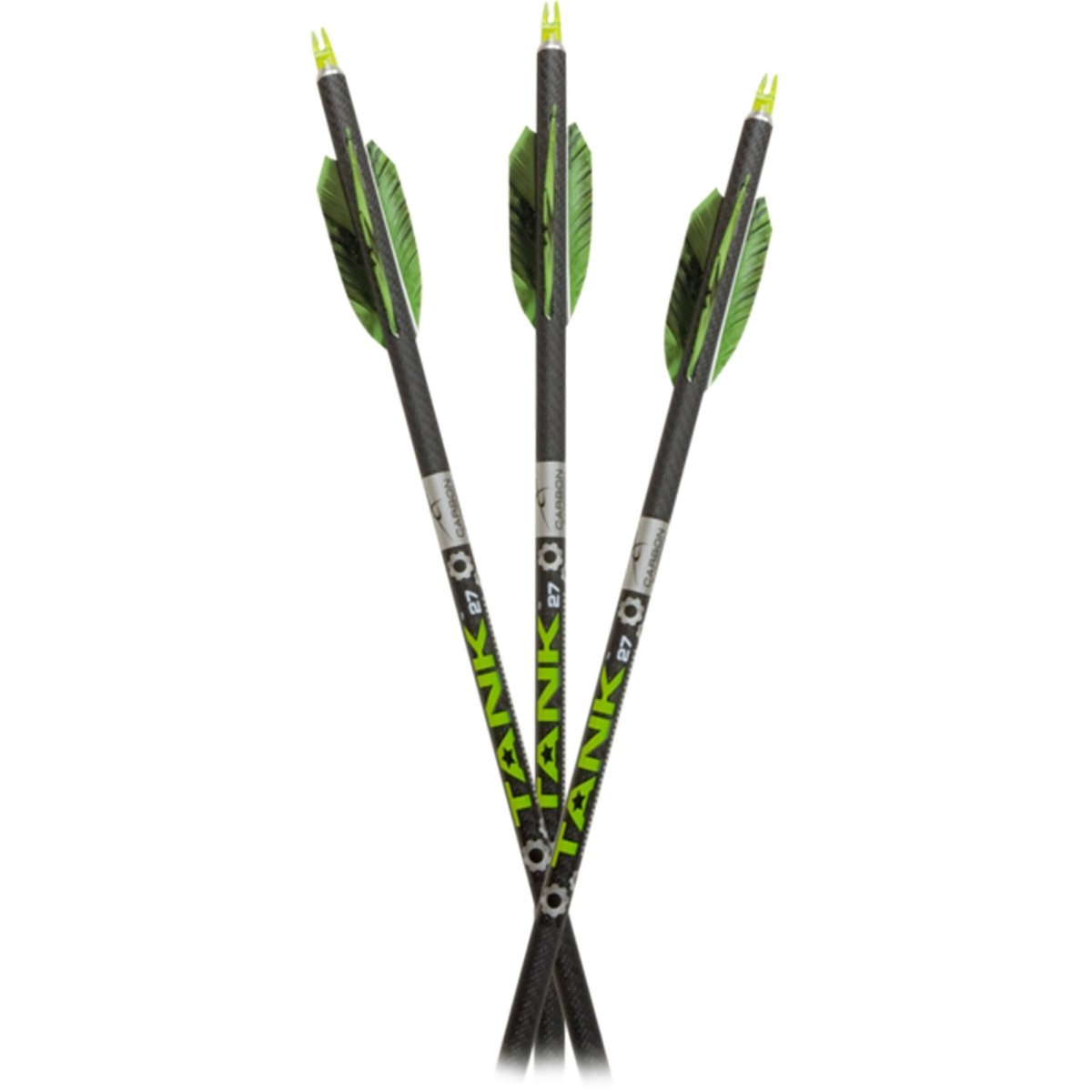 Three archery tank shafts with green feathers on a white background