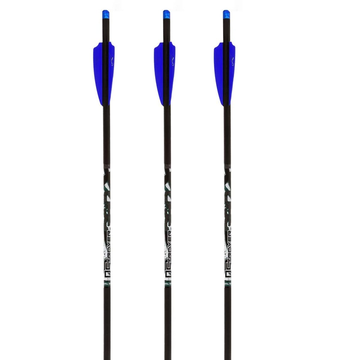 Three black d-stroyer crossbolts with blue nocks on a white background