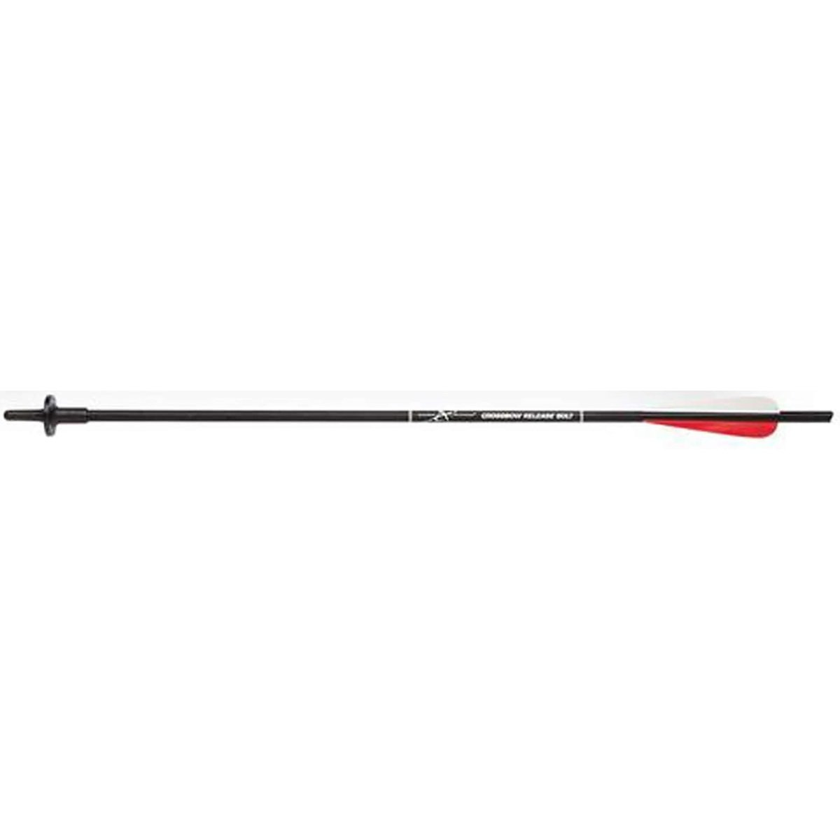 Black crossbow release bolt arrow with a red nock on a white background