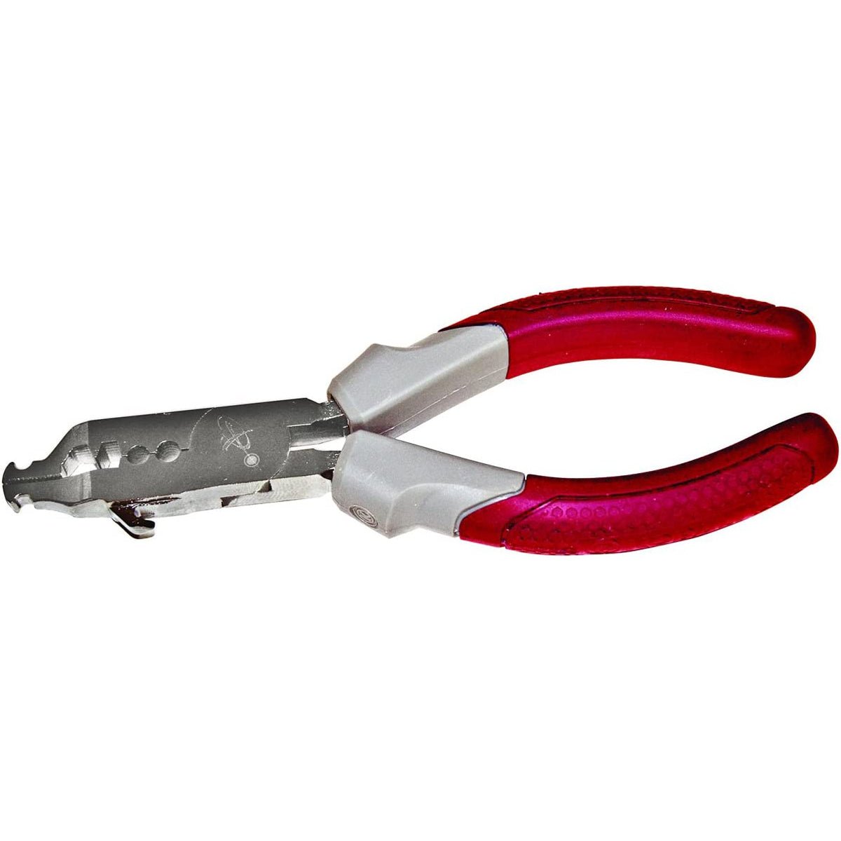 Pair of nocking pliers with red handles on a white background