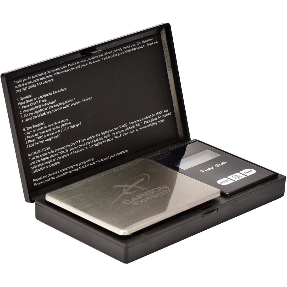 Metallic pocket grain scale in a black display case with text on a white background