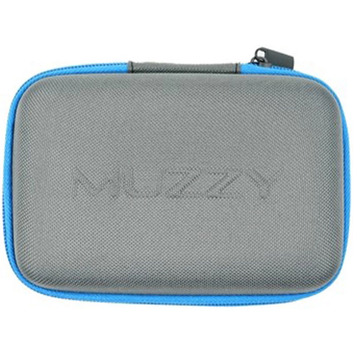Gray broadhead and accessory case with blue zipper and 'Muzza' branding on a white background