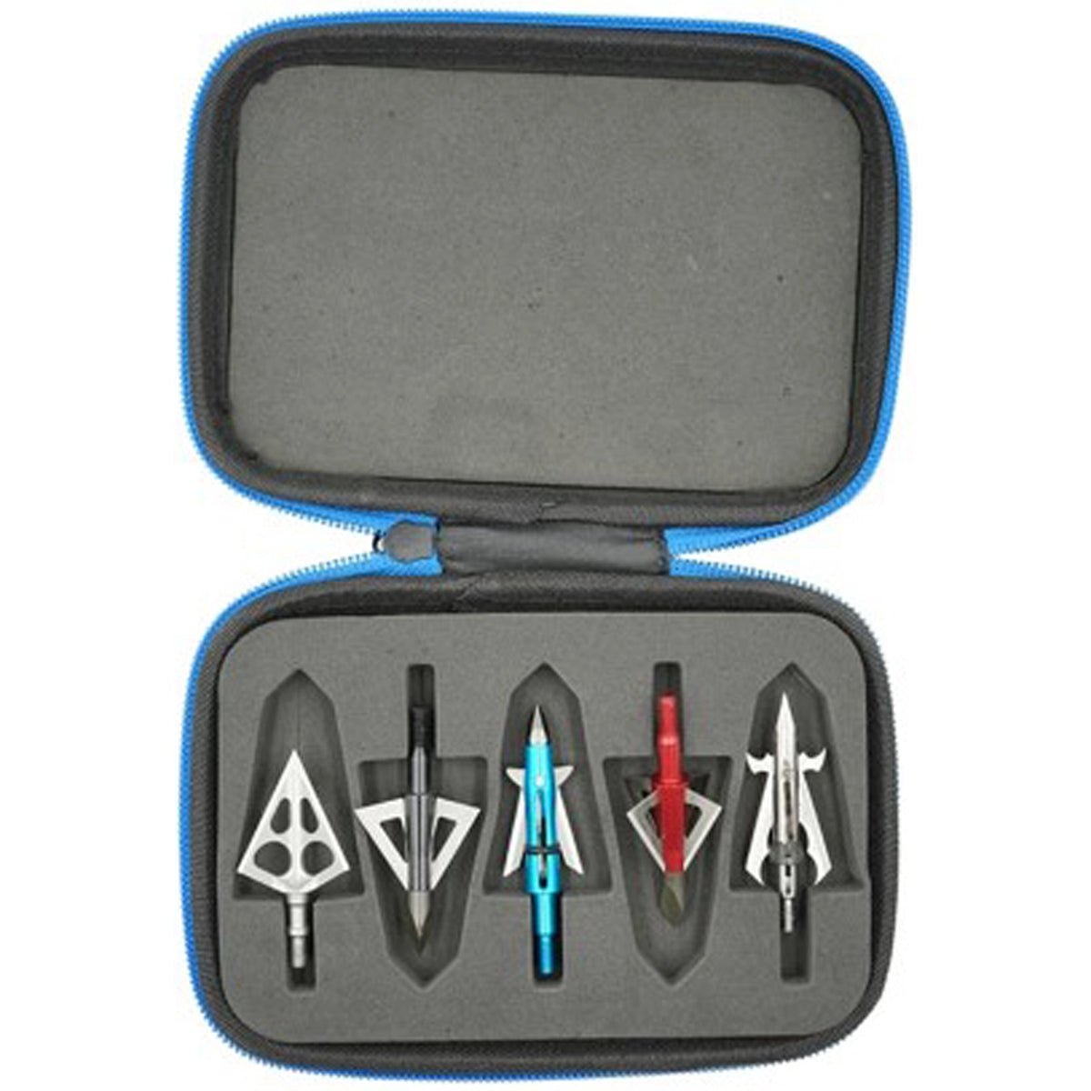 Set of five arrowheads in a black broadhead and accessory case with blue zipper on a white background