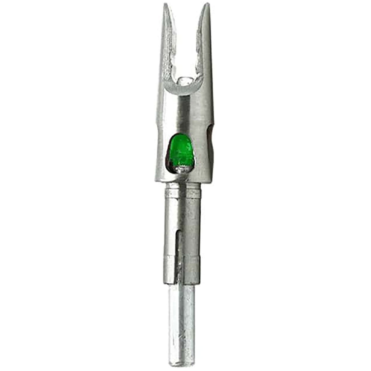 Metallic crossbows bolt tool with a green gem on a white background