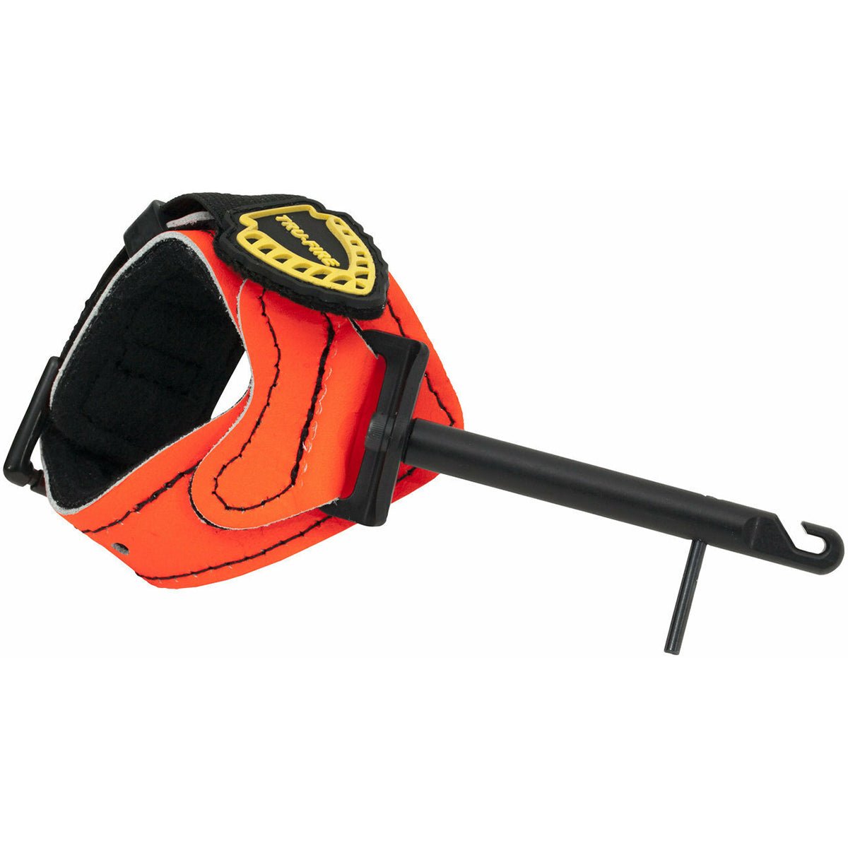 Orange and black draw check tool with a hook on a white background