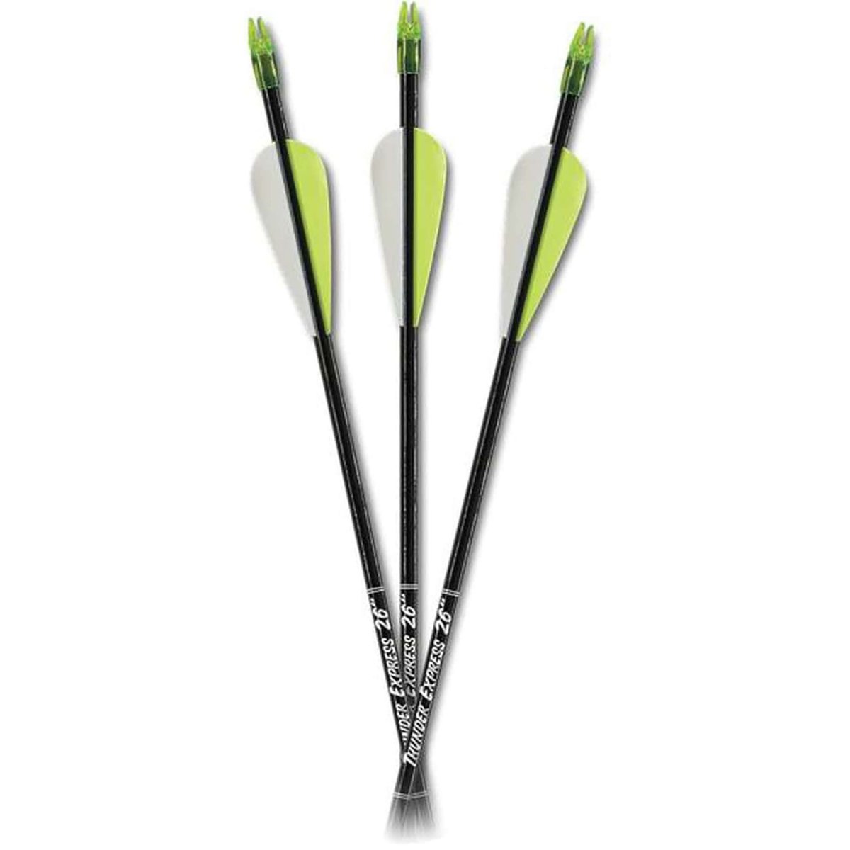 Three thunder express arrows with black shafts, white fletchings, and green vanes on a white background.