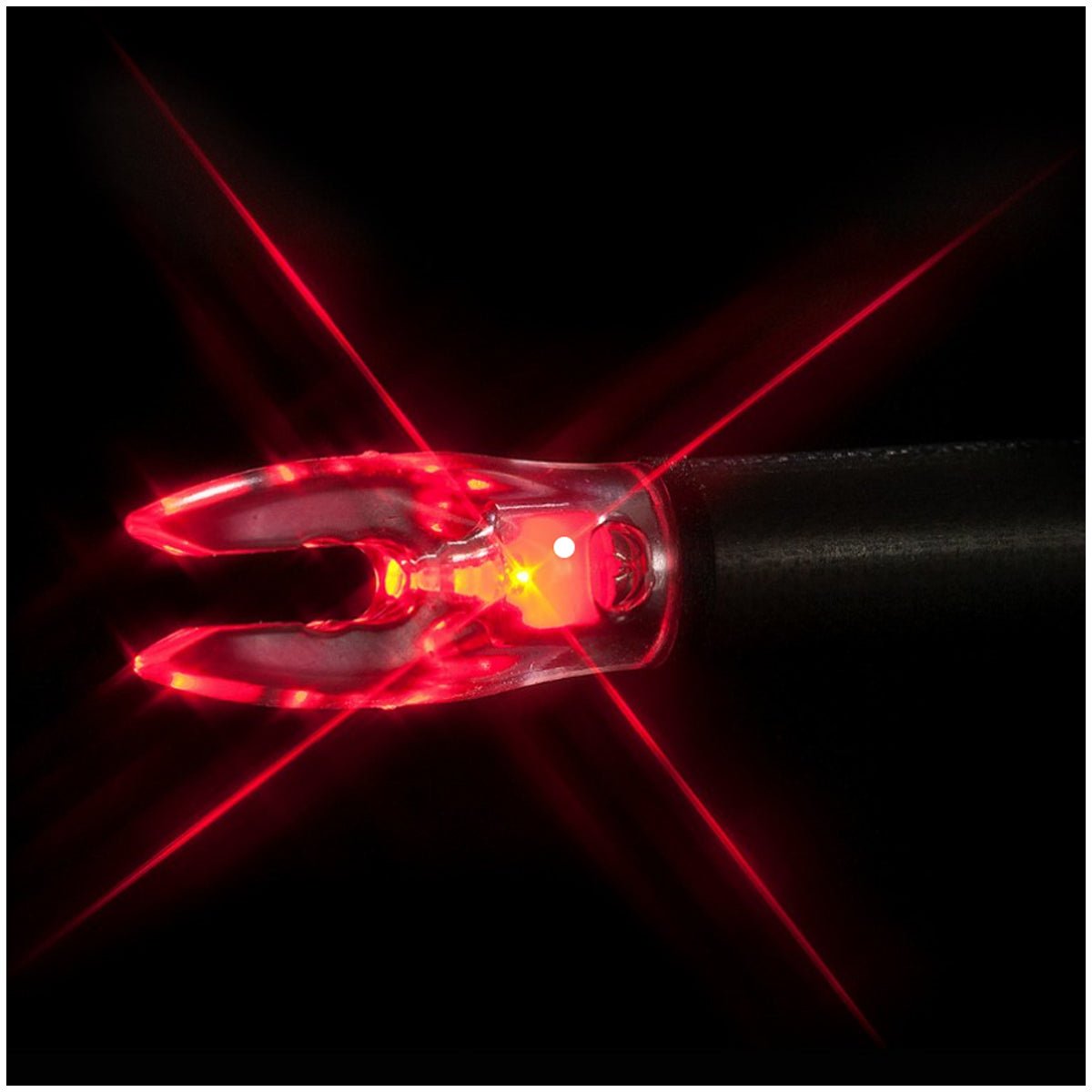Red LED lighted nock with laser beams on a black background