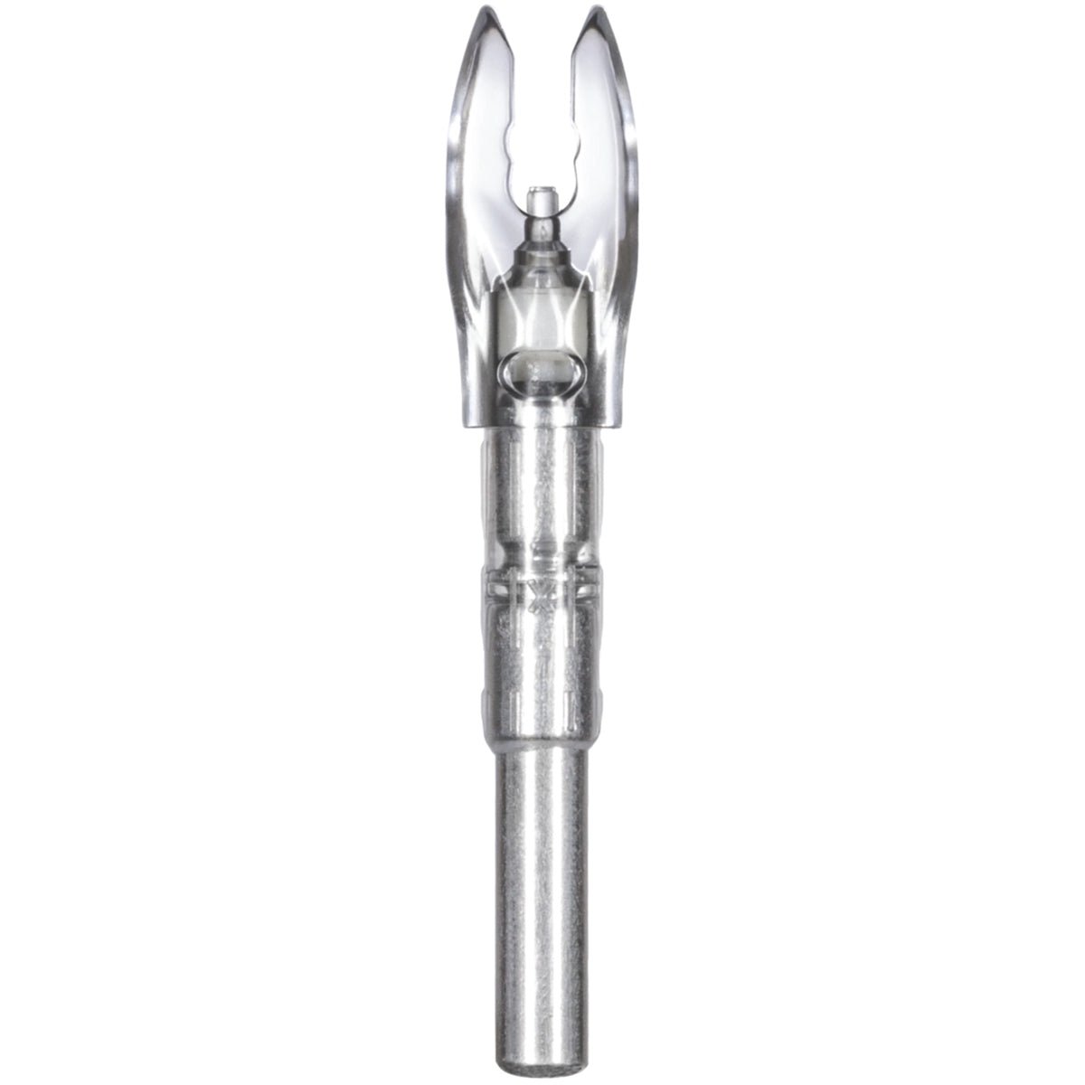 Metallic blue lighted nock with a cylindrical handle and curved prongs on a white background