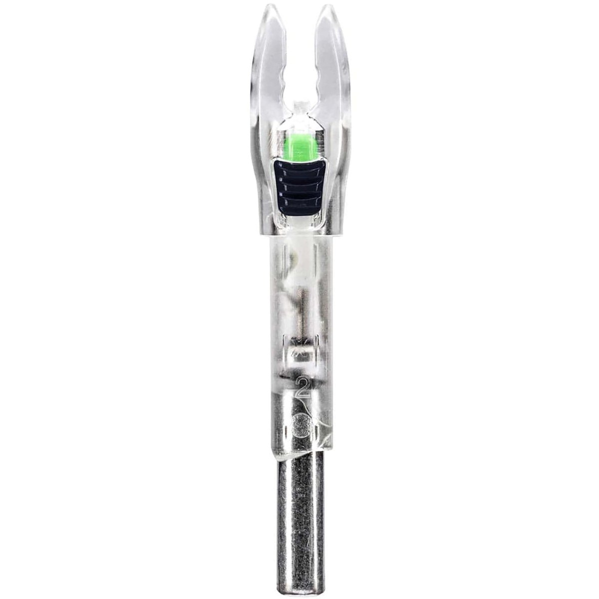 Clear electronic device with a green lighted nock on a white background