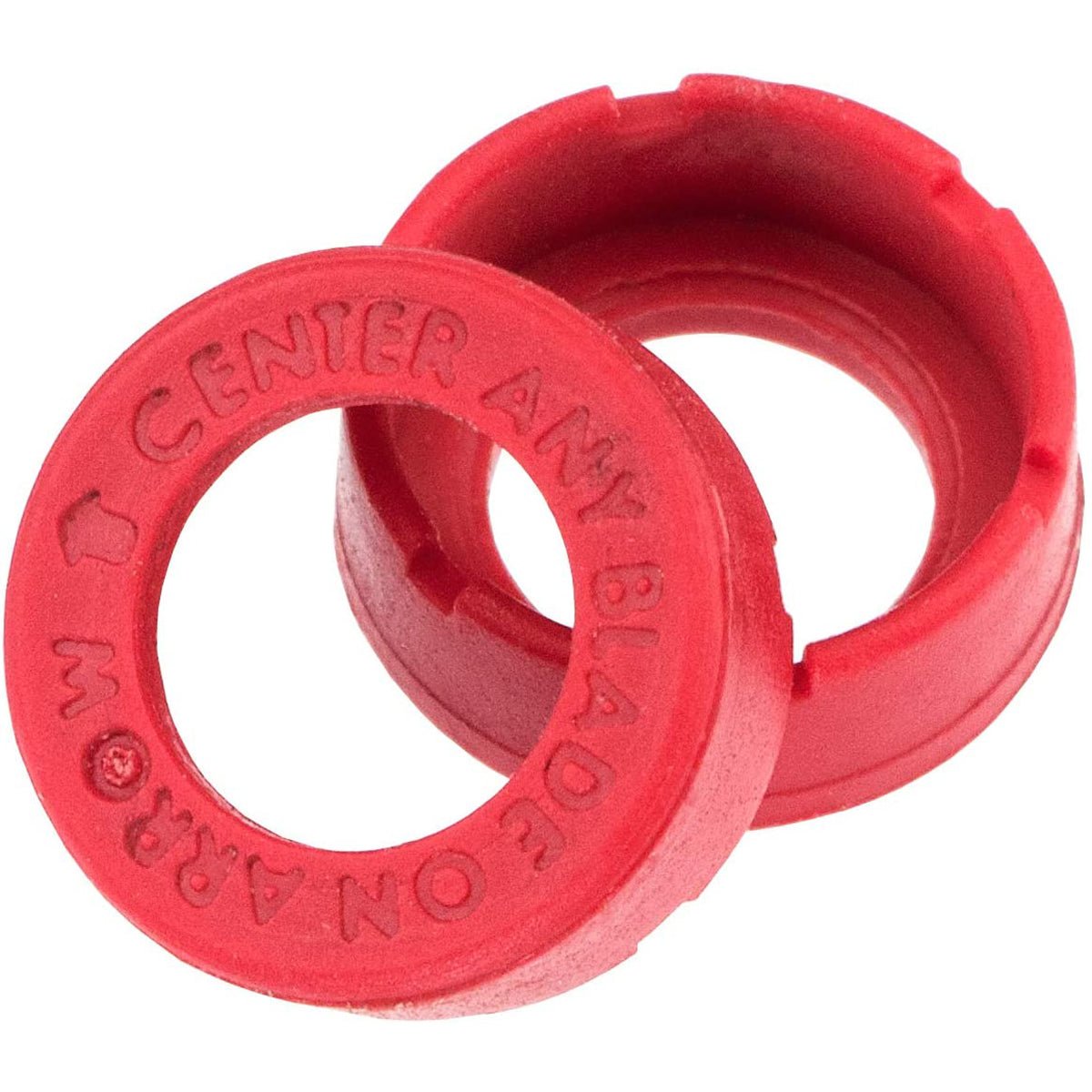 Two red rubber bushings rage crossbow shock collars with embossed text on a white background