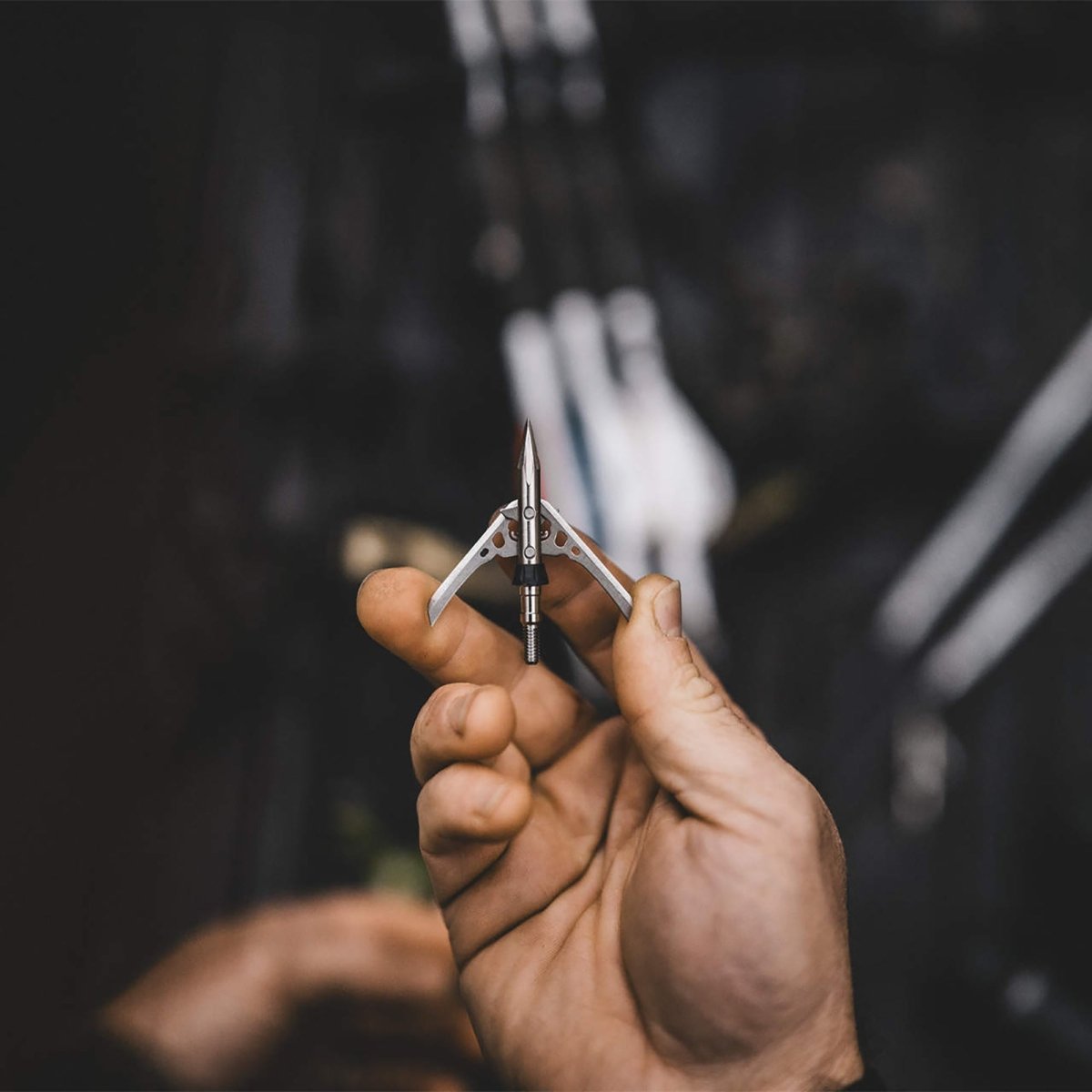 Hand holding a metallic arrow trypan no collar against a blurred background